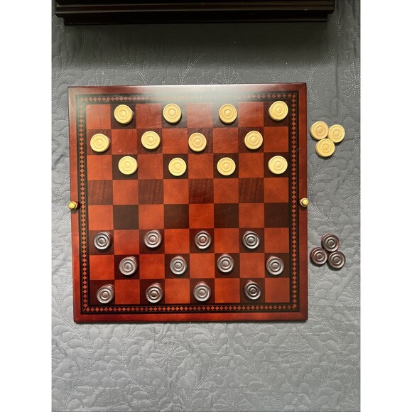 The BOMBAY Company Deluxe Game Checkers Backgammon Chess Wooden Box Set 16x16x7 - Picture 5 of 11